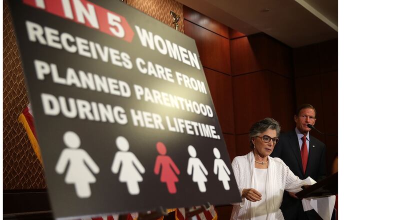 U.S. Sens. Barbara Boxer, D-Calif., and Richard Blumenthal, D-Conn., arrive at a news conference on Planned Parenthood August 3, 2015 on Capitol Hill in Washington, DC. The Senate failed on a procedural vote to advance to defund Planned Parenthood.