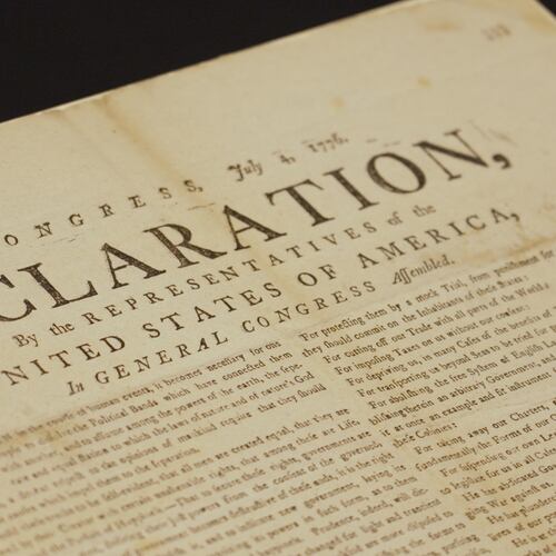 This image made from video shows a newly discovered copy of the U.S. Declaration of Independence, printed in July 1776 in Exeter, is displayed at The National Archives in London, Thursday, July 2, 2026. (AP Photo/Kwiyeon Ha)