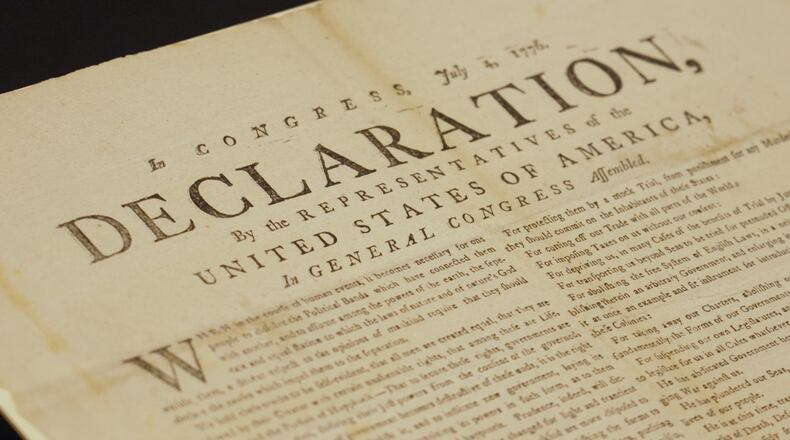 This image made from video shows a newly discovered copy of the U.S. Declaration of Independence, printed in July 1776 in Exeter, is displayed at The National Archives in London, Thursday, July 2, 2026. (AP Photo/Kwiyeon Ha)