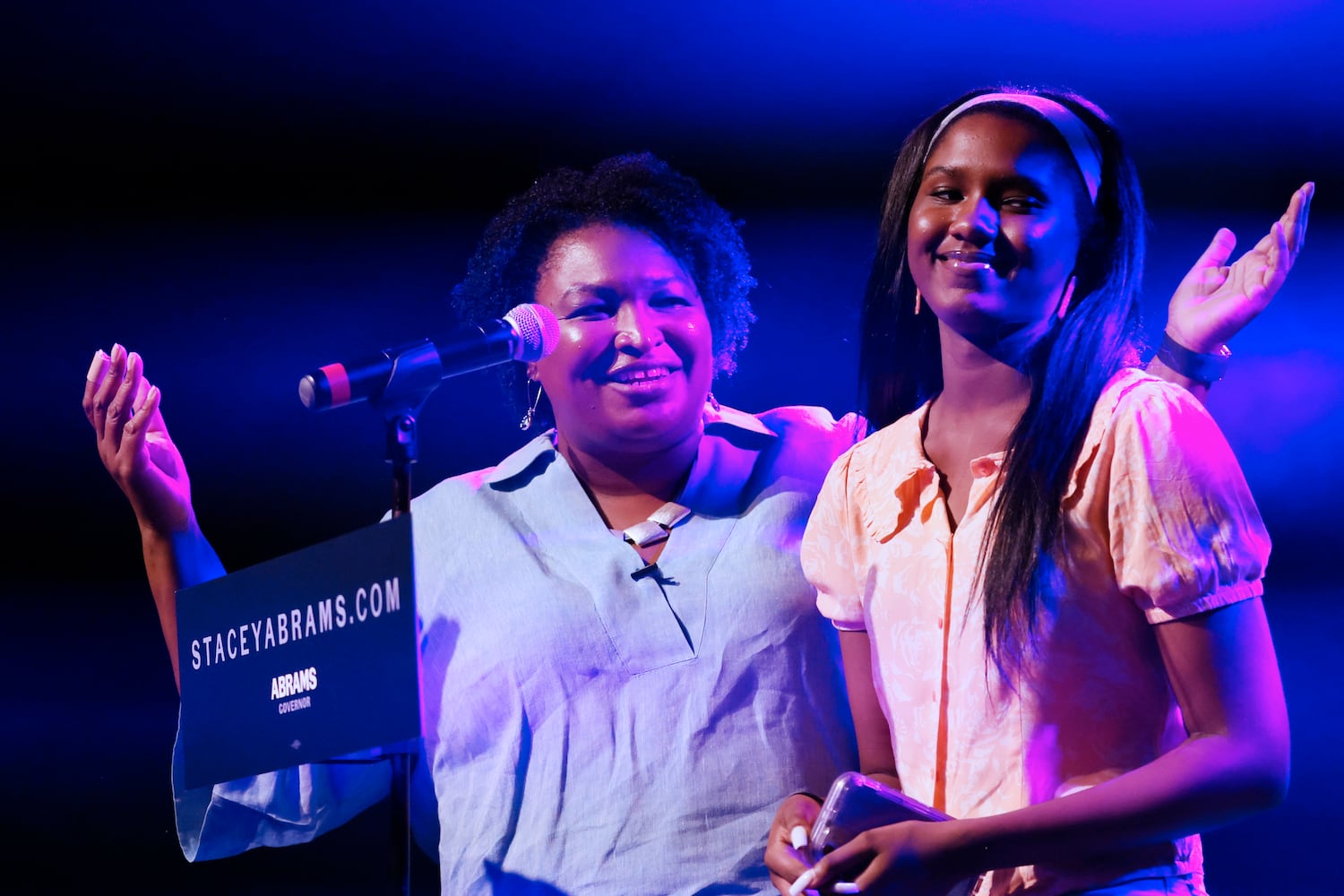 Georgia governor candidate Stacey Abrams introduced her niece Faith during the One Georgia Our Georgia campaign event, who at the same time presented Georgia base rapper Baby Tate to perform at Terminal West on Monday, June 6, 2022. Miguel Martinez / miguel.martinezjimenez@ajc.com 