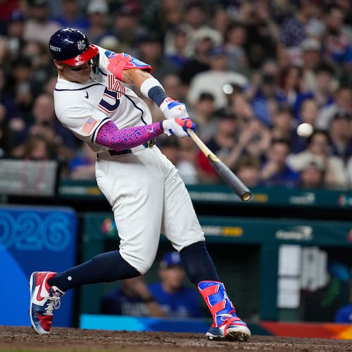 United States right fielder Aaron Judge (99) lines out to center field in the sixth inning of a World Baseball Classic game against Italy , Tuesday, March 10, 2026, in Houston. (AP Photo/Ashley Landis)