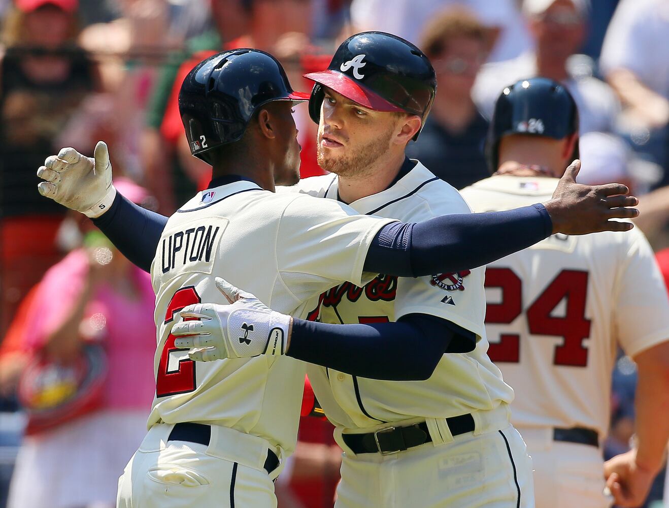 Freddie Freeman hugs B.J. Upton