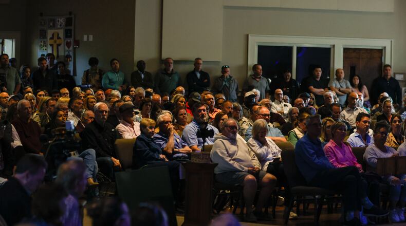 Residents listen to Georgia House Majority Leader Chuck Efstration (R-Auburn) and State Senator Clint Dixon why they should vote yes on May 21 to the proposal to become a city in Gwinnett during a town hall at Hamilton Mill United Methodist Church on Monday, April 22, 2024.
(Miguel Martinez / AJC)