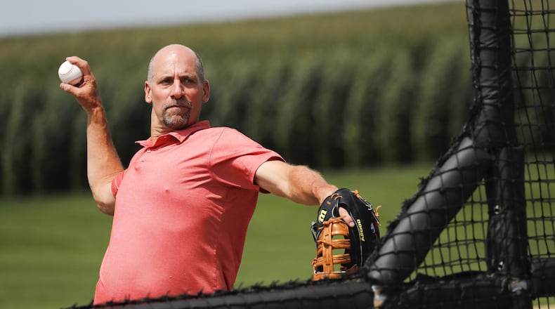 Former Braves pitcher John Smoltz pitches batting practice to the White Sox Amateur City Elite (ACE) 14U team before playing a game against New York's DREAM team at the Field of Dreams motion picture site in Dyersville, Iowa, on Wednesday, Aug. 11, 2021. (Jose M. Osorio/Chicago Tribune)