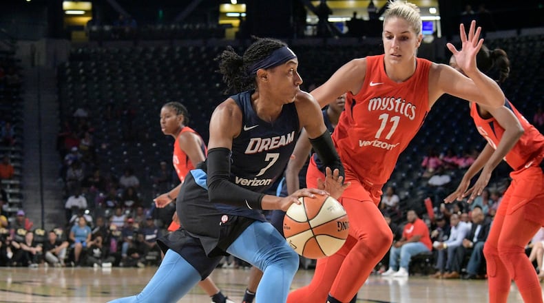 Atlanta Dream guard Brittney Sykes (7) drives against the defense of Washington Mystics guard Elena Delle Donne (11) during the first half of Game 2 of a WNBA semifinals basketball playoff Tuesday, Aug. 28, 2018, in Atlanta. (AP Photo/John Amis)