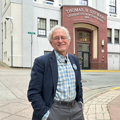 FILE - DDemocratic gubernatorial candidate Tom Begich poses for a photo in downtown Juneau, Alaska, June 17, 2026. (AP Photo/Becky Bohrer, File)