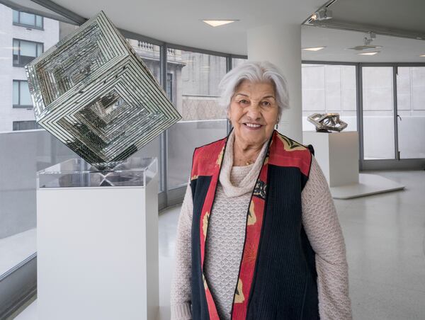 Monir Farmanfarmaian at her solo exhibition "Monir Shahroudy Farmanfarmaian: Infinite Possibility. Mirror Works and Drawings 1974-2014" at the Solomon R. Guggenheim Museum in New York, 2015.