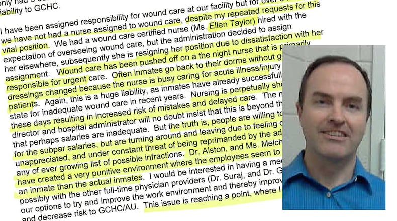 In an email to risk managers at Augusta University, Dr. Mark Taylor warned that staffing shortages at Augusta State Medical Prison were undermining medical care and creating potentially huge liabilities.