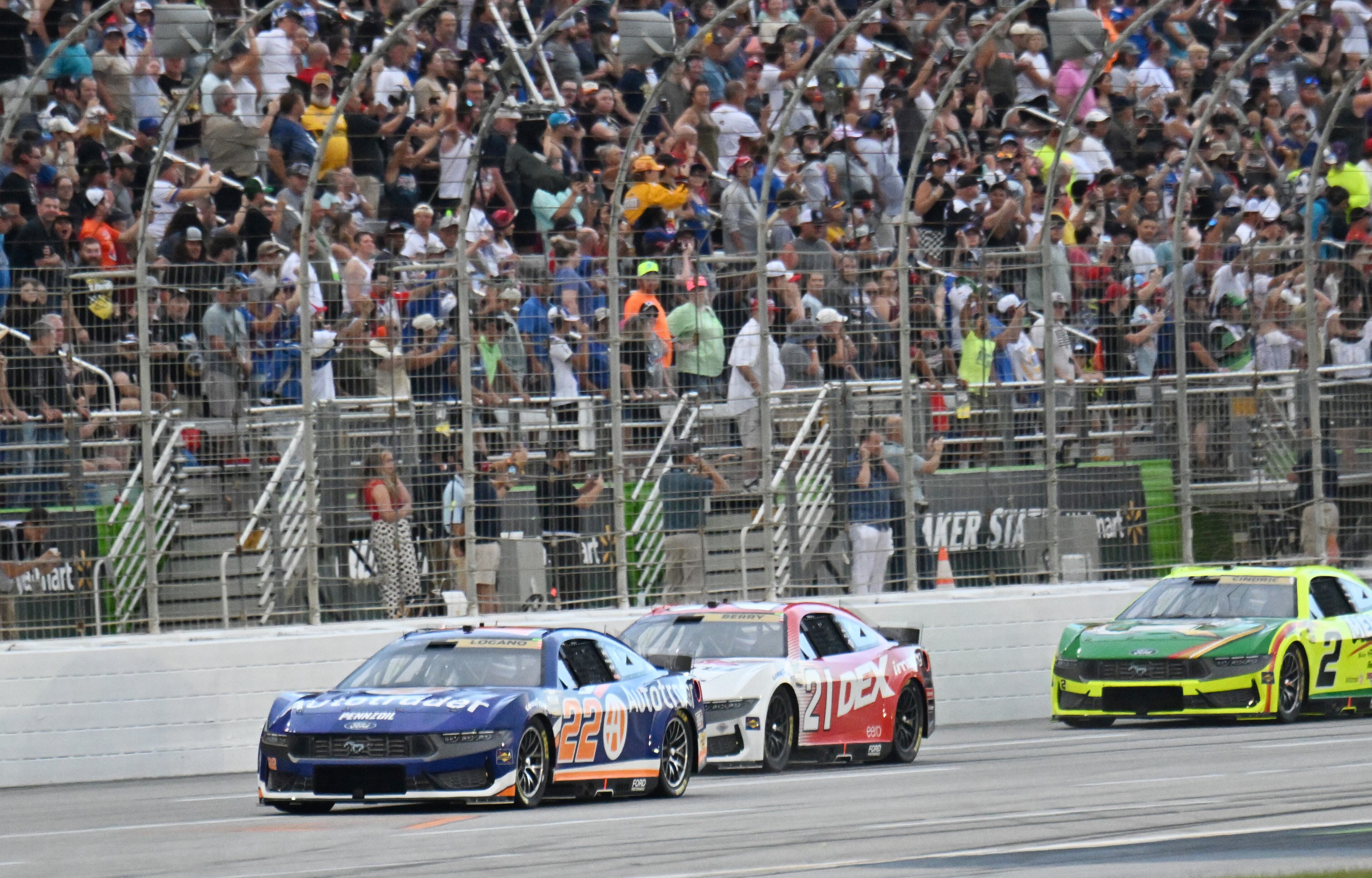 NASCAR Cup Series driver Joey Logano (22) leads the field during Quaker State 400 NASCAR Cup Series race at EchoPark Speedway, Saturday, June 28, 2025, in Hampton. (Hyosub Shin / AJC)