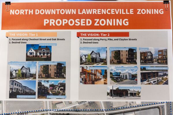 A display regarding proposed zoning changes is seen at Lawrenceville City Hall on Monday, June 26, 2023. (Arvin Temkar / arvin.temkar@ajc.com)