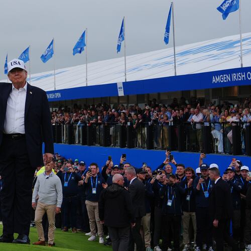 U.S. President Donald Trump attends the Irish Open golf tournament at Trump International Golf Links in Doonbeg, Ireland, Sunday, Sept. 13, 2026. (AP Photo/Julia Demaree Nikhinson)