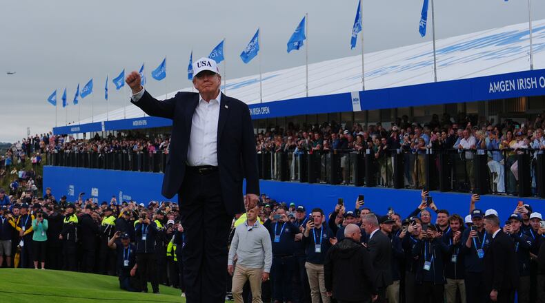 U.S. President Donald Trump attends the Irish Open golf tournament at Trump International Golf Links in Doonbeg, Ireland, Sunday, Sept. 13, 2026. (AP Photo/Julia Demaree Nikhinson)