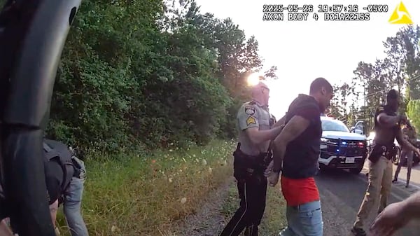 This image from video taken by Huntsville Police Department on May 26, 2025, shows the arrest of two New Orleans inmates who were on the run since their May 16, 2025, jailbreak. (Huntsville Police Department via AP)