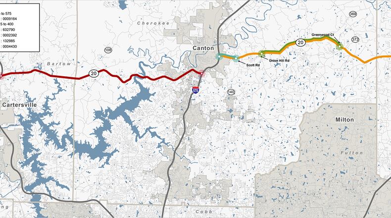 Here’s a map of the planned project to widen Ga. 20 between Canton and Cumming (courtesy of Ga. Department of Transportation)