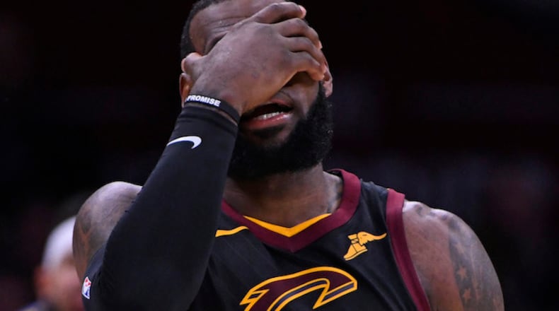 The Cleveland Cavaliers' LeBron James reacts after a call while playing the Golden State Warriors during the fourth quarter of Game 3 of the NBA Finals at Quicken Loans Arena in Cleveland, Ohio, on June 6, 2018. The Golden State Warriors went on to sweep the series. (Jose Carlos Fajardo/Bay Area News Group/TNS)