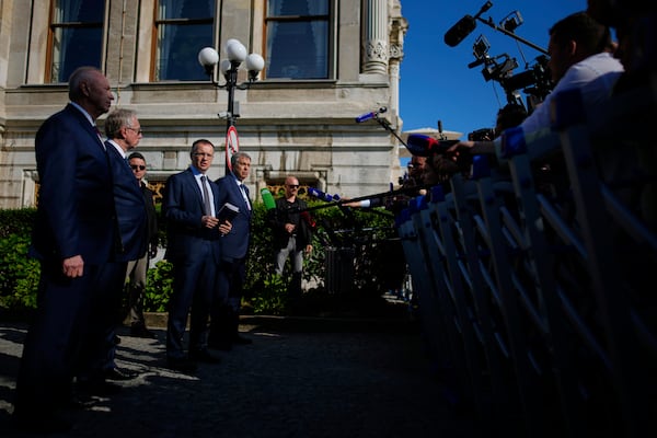 The head of the Russian delegation Vladimir Medinsky, center, speaks to the media at the Ciragan Palace following the Ukraine-Russia peace talks in Istanbul, Turkey, Monday, June 2, 2025. (AP Photo/Emrah Gurel)