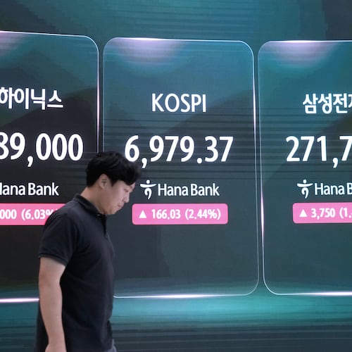 A screen shows the Korea Composite Stock Price Index (KOSPI), SK Hynix and Samsung Electronics Co. stock price at the foreign exchange dealing room of the Hana Bank headquarters in Seoul, South Korea, Friday, Aug. 14, 2026. (AP Photo/Ahn Young-joon)