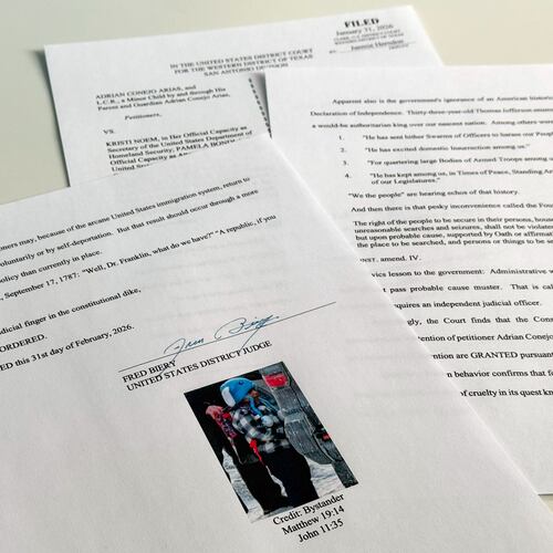 An order to release 5-year-old Liam Conejo Ramos and his father from detention, which included a picture of the boy and Bible verse references under the signature of U.S. District Judge Fred Biery, is photographed Saturday, Jan. 31, 2026. (AP Photo/Sydney Schaefer)