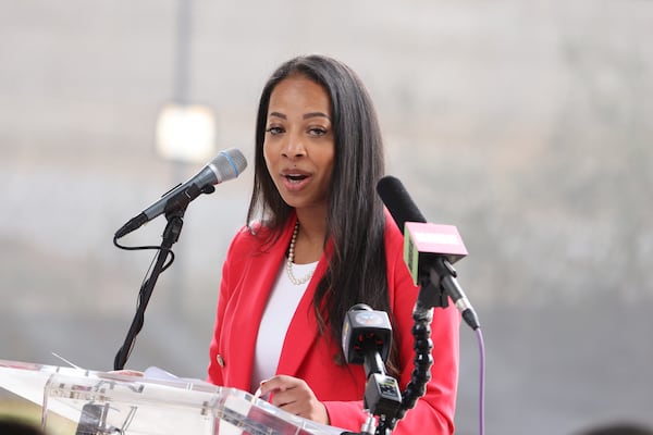 Tiffany Cobb, deputy regional administrator at the U.S. Department of Housing and Urban, said at the groundbreaking Tuesday, Sept. 30, 2025, that the project is about "… giving residents real choices about their future through (Federal Housing Administration)-insured mortgages, down payment assistance and partnerships with local lenders.”  (Natrice Miller/AJC)