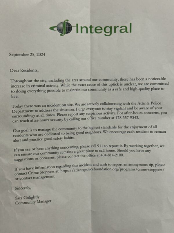 The letter sent to residents of the Buckhead complex on Sept. 25.