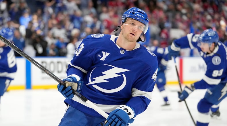 FILE - Tampa Bay Lightning defenseman Darren Raddysh (43) before Game 1 of an NHL hockey Stanley Cup first-round playoff series against the Montréal Canadiens, April 19, 2026, in Tampa, Fla. (AP Photo/Chris O'Meara, File)