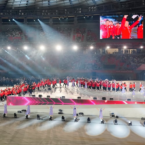 Japanese athletes march into the stadium during the opening ceremony for the Asian Games in Nagoya, Japan, Saturday, Sept. 19, 2026. (AP Photo/Eugene Hoshiko)