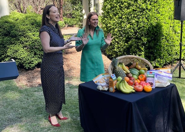 FILE - United States Agriculture Secretary Brooke Rollins, left, and Arkansas Gov. Sarah Huckabee Sanders speak outside the Governor's Mansion in Little Rock, Ark., Tuesday, April 15, 2025. (AP Photo/Andrew DeMillo, file)