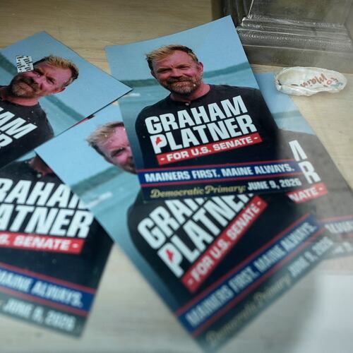 Campaign flyers for former Democratic candidate for U.S. Senate Graham Platner are seen at his headquarters Thursday, July 9, 2026, in Ellsworth, Maine. (AP Photo/Robert F. Bukaty)