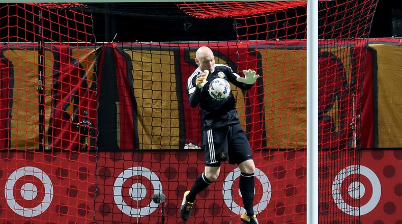 October 26, 2017. Atlanta United goalkeeper Brad Guzan makes a save during a play in the first half.