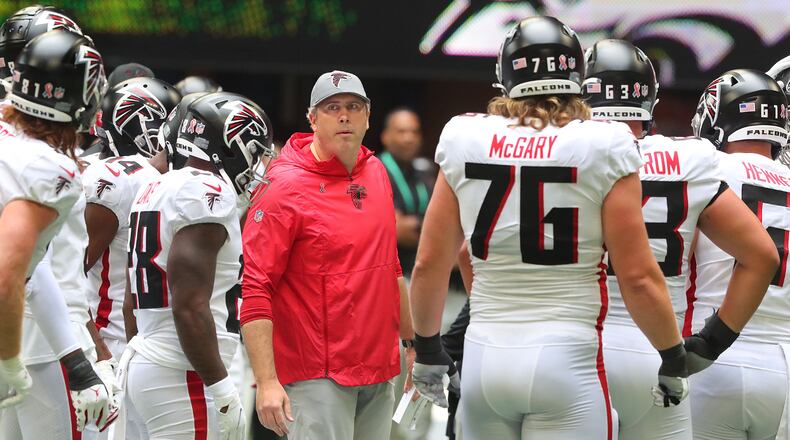 Falcons coach Arthur Smith prepares his team to play the Philadelphia Eagles in a NFL football game on Sunday, Sept 12, 2021, in Atlanta. ���Curtis Compton / Curtis.Compton@ajc.com���