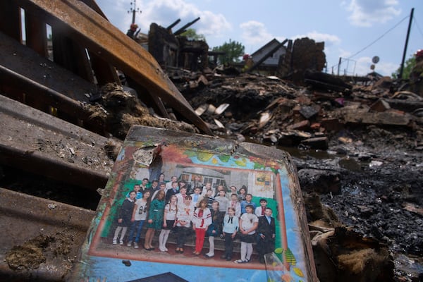 Residential houses are seen destroyed after a Russian drone strike in Pryluky village, Ukraine, Thursday, June 5, 2025. (AP Photo/Evgeniy Maloletka)
