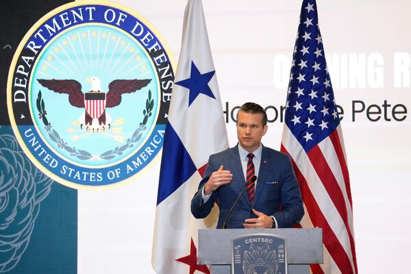 U.S. Secretary of Defense Pete Hegseth speaks during the Central American Security Conference in Panama City, Wednesday, April 9, 2025. (AP Photo/Matias Delacroix)