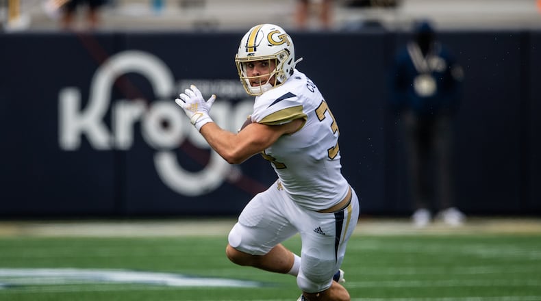Georgia Tech long snapper/tight end Jack Coco makes his first career catch against Central Florida at Bobby Dodd Stadium, Sept. 19, 2020.