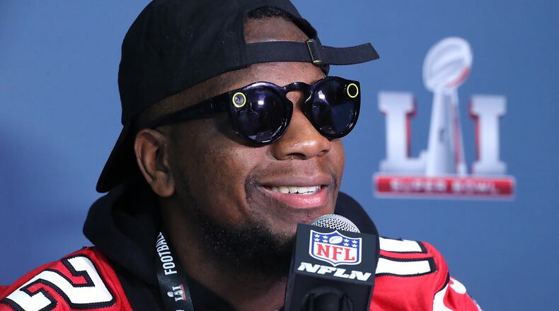 February 2, 2017, Houston: Falcons wide receiver Mohamed Sanu sports a pair of snap chat spectacles while giving interviews at Super Bowl media availability at Memorial City Mall ice arena on Wednesday, Feb. 1, 2017, in Houston. Curtis Compton/ccompton@ajc.com