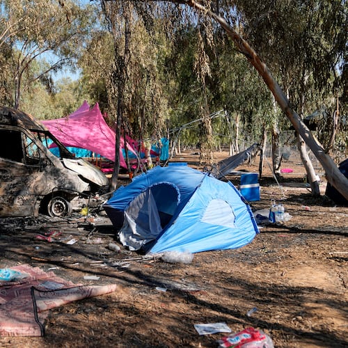 FILE - The site of the Nova music festival, where Israeli festival-goers were killed and taken hostage during the attack by Hamas militants, is seen Oct. 12, 2023, near the border with the Gaza Strip in southern Israel. (AP Photo/Ohad Zwigenberg, File)