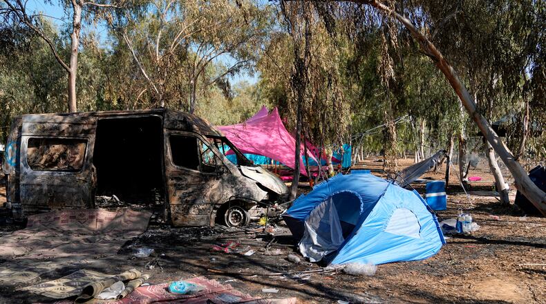 FILE - The site of the Nova music festival, where Israeli festival-goers were killed and taken hostage during the attack by Hamas militants, is seen Oct. 12, 2023, near the border with the Gaza Strip in southern Israel. (AP Photo/Ohad Zwigenberg, File)