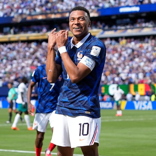 France's Kylian Mbappe celebrates after scoring the opening goal of his team during the World Cup Group I soccer match between France and Senegal in East Rutherford, N.J., near New York, Tuesday, June 16, 2026. (AP Photo/Frank Franklin II)
