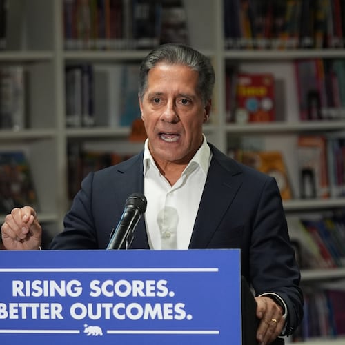 FILE - Alberto Carvalho, Superintendent of Los Angeles Unified School District speaks about students' improved rising scores before Gov. Gavin Newsom signed legislation related to student literacy in Los Angeles on Oct. 9, 2025. (AP Photo/Damian Dovarganes, File)