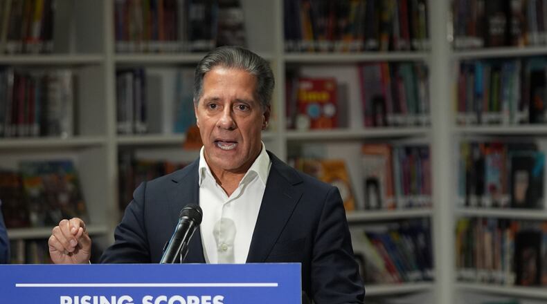 FILE - Alberto Carvalho, Superintendent of Los Angeles Unified School District speaks about students' improved rising scores before Gov. Gavin Newsom signed legislation related to student literacy in Los Angeles on Oct. 9, 2025. (AP Photo/Damian Dovarganes, File)