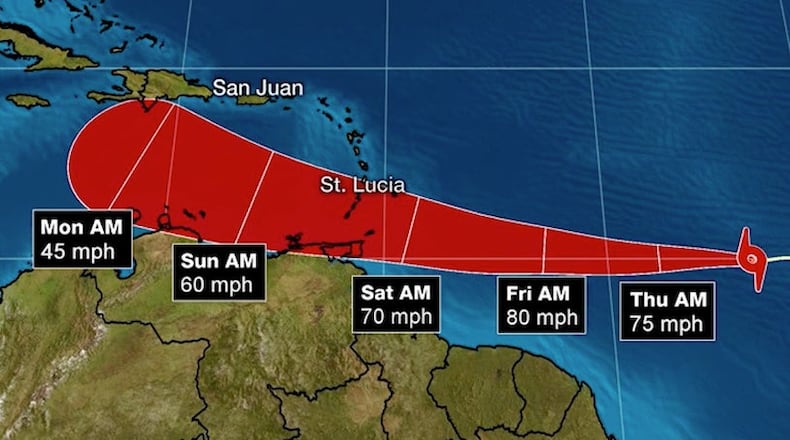 Tropical Storm Gonzalo formed Wednesday in the Atlantic and could strengthen into a hurricane by Thursday as it steams west toward the United States, according to the U.S. National Hurricane Center.