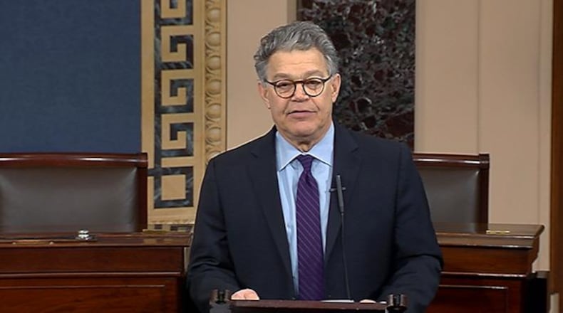 In this image from video from Senate Television, Sen. Al Franken, D-Minn., speaks on the Senate floor of the Capitol in Washington, Thursday morning, Dec. 7, 2017.  Franken said he will resign from the Senate in coming weeks following a wave of sexual misconduct allegations and a collapse of support from his Democratic colleagues, a swift political fall for a once-rising Democratic star.