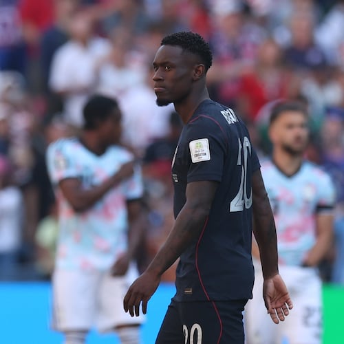 United States' Folarin Balogun (20) looks on before the start of the the World Cup round of 16 soccer match between the United States and Belgium in Seattle, Monday, July 6, 2026. (AP Photo/Maddy Grassy)