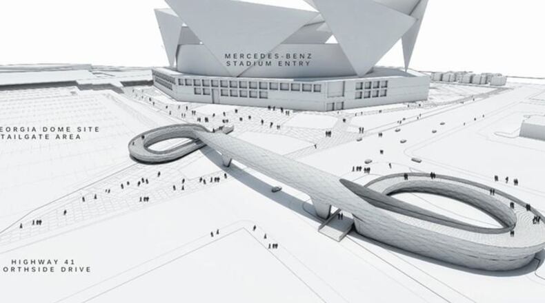 An aerial artist rendering of the Northside Drive Pedestrian Bridge, with its long ramps on either end.