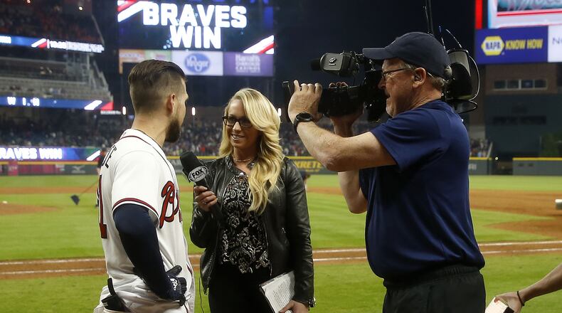 Ender Inciarte is interviewed by Fox Sports South/Southeast reporter Kelsey Wingert after a game earlier this season.