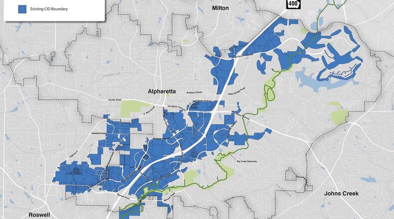 Areas in green show North Fulton Community Improvement District's expansion plans. (Courtesy North Fulton Community Improvement)
