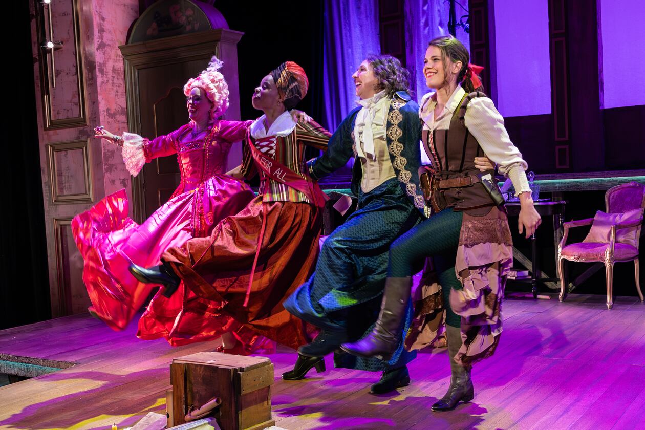 Bethany Anne Lind (from left), Tiffany Denise Hobbs, Courtney Patterson and Erika Miranda in "The Revolutionists" by Decatur native Lauren Gunderson at Theatrical Outfit. (Courtesy of Theatrical Outfit/Casey Gardner Ford)