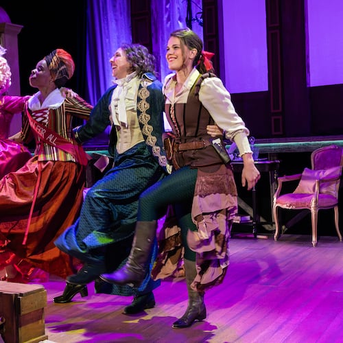 Bethany Anne Lind (from left), Tiffany Denise Hobbs, Courtney Patterson and Erika Miranda in "The Revolutionists" by Decatur native Lauren Gunderson at Theatrical Outfit. (Courtesy of Theatrical Outfit/Casey Gardner Ford)