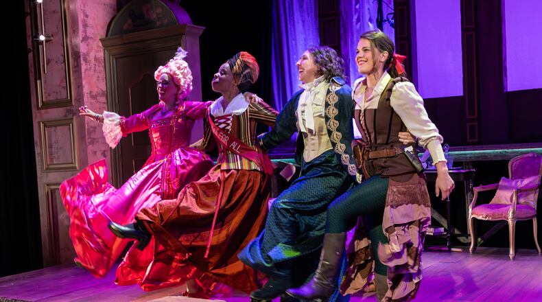 Bethany Anne Lind (from left), Tiffany Denise Hobbs, Courtney Patterson and Erika Miranda in "The Revolutionists" by Decatur native Lauren Gunderson at Theatrical Outfit. (Courtesy of Theatrical Outfit/Casey Gardner Ford)