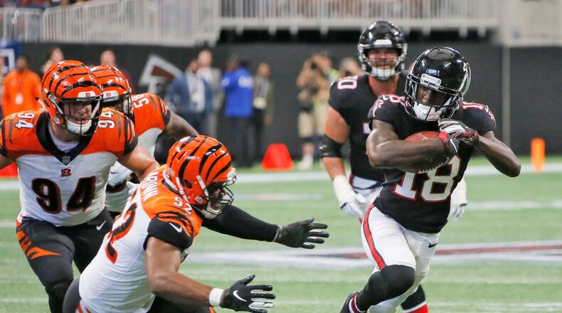 Atlanta Falcons wide receiver Calvin Ridley (18)  gains yards in the 4th quarter against the Cincinnati Bengals Sunday, Sept 29, 2018, at Mercedes-Benz Stadium in Atlanta.