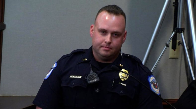 Cobb County Police Officer Brett Gallimore testifies at Justin Ross Harris' murder trial at the Glynn County Courthouse in Brunswick, Ga., Wednesday, Oct. 5, 2016. Harris' lawyers filed a motion for a mistrial, arguing that Gallimore lied on the stand and that the judge prevented him from properly cross-examining him, but the judge denied the motion. (screen capture via WSBTV)